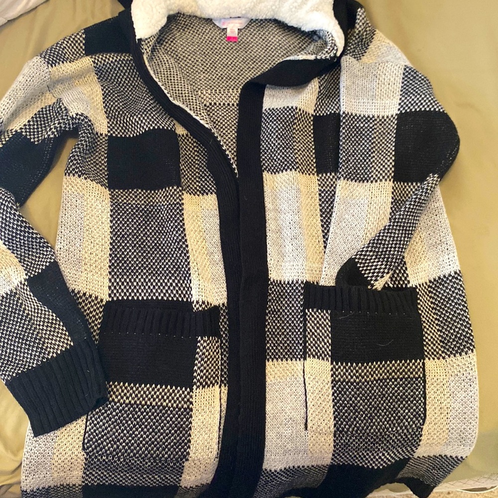 No Boundaries Plaid Fur Hooded Black & White Cardigan
